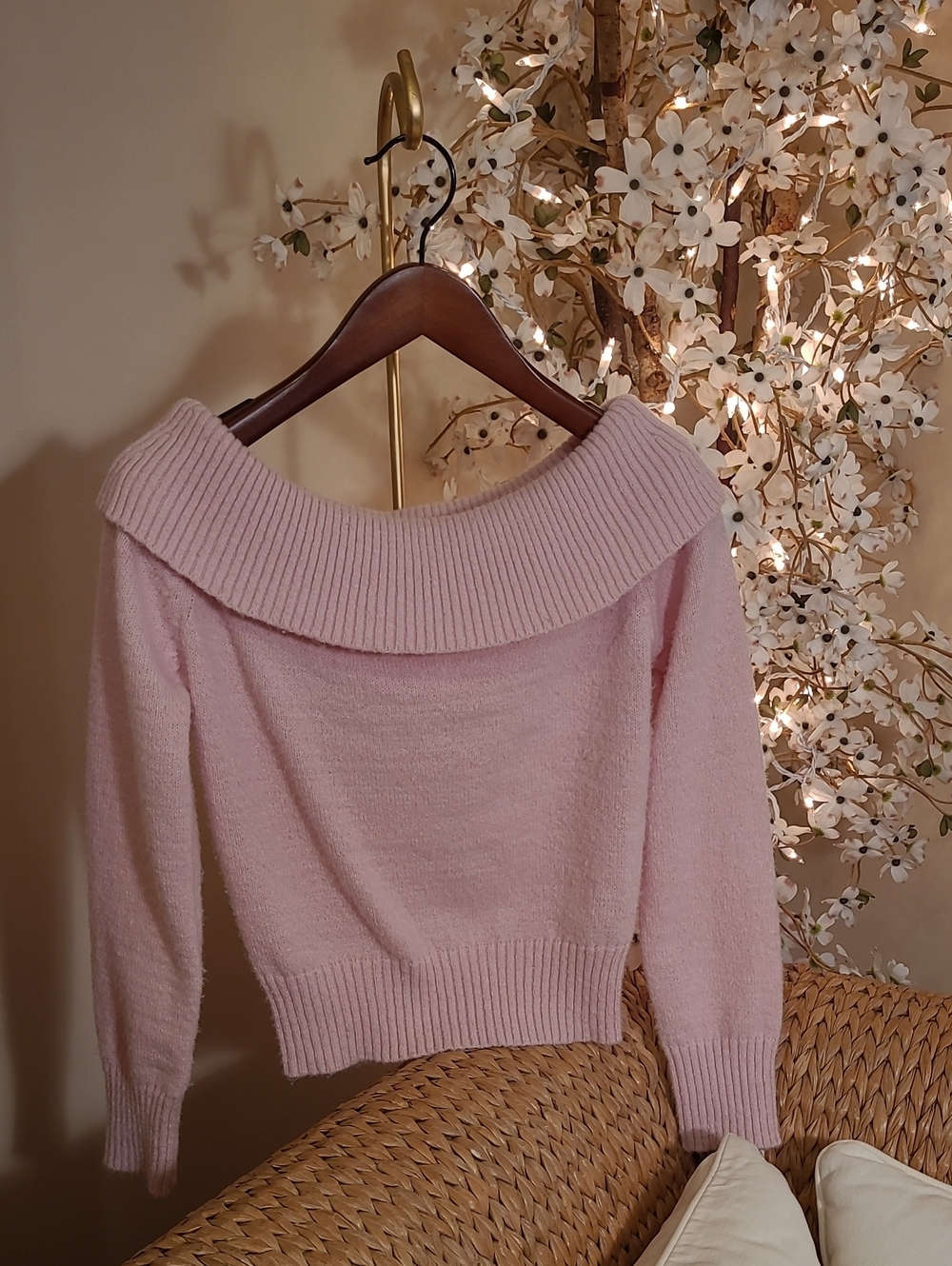Blu Pepper Pink Fuzzy Off The Shoulder Sweater
